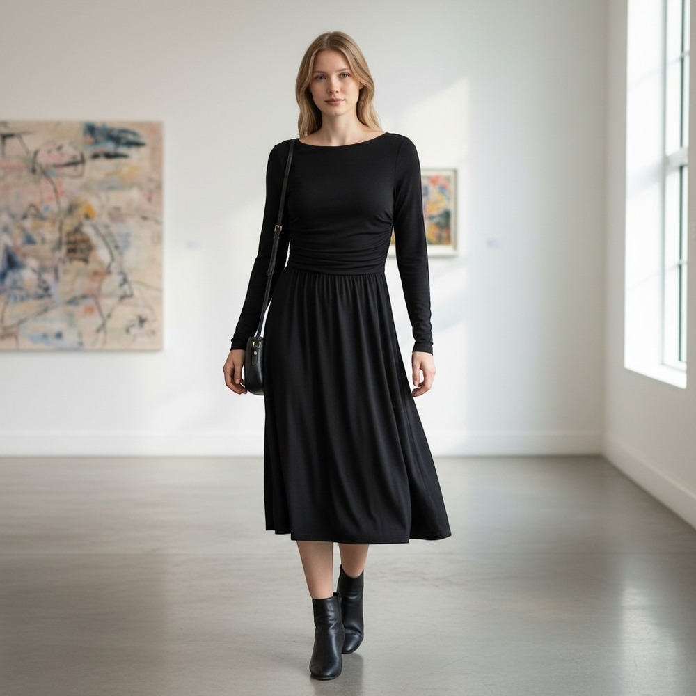 Max Mara Black Ruched Waist Long Sleeve Midi Dress Made in Italy Size 8